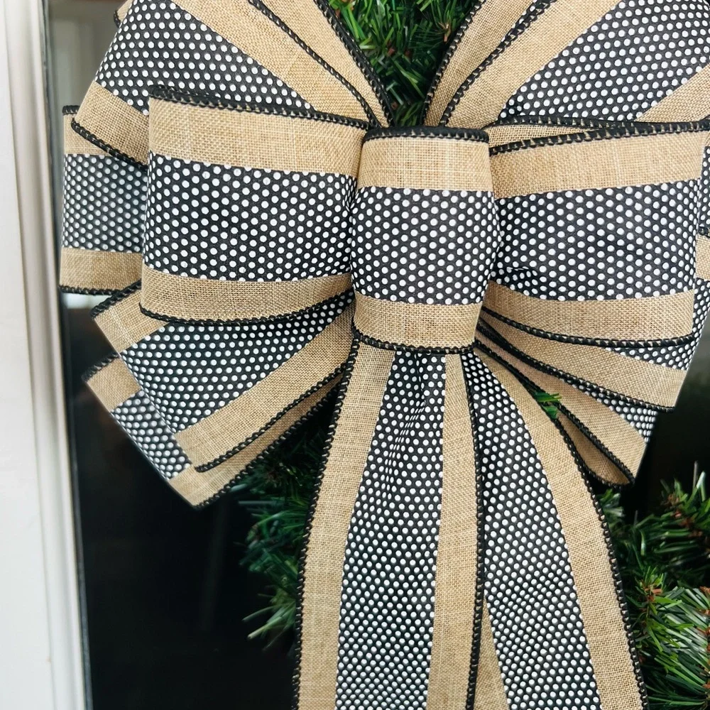 Elegant Black and Tan Polka Dot Holiday Easter Spring Summer Bow for Wreath